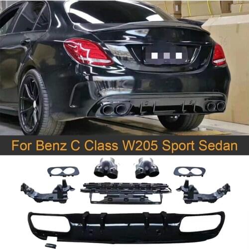 PP Rear Diffuser for Mercedes Benz C Class W205 Sport Sedan 4 Door 2015-2019 Rear Bumper Diffuser Lip Spoiler with Exhaust Tips