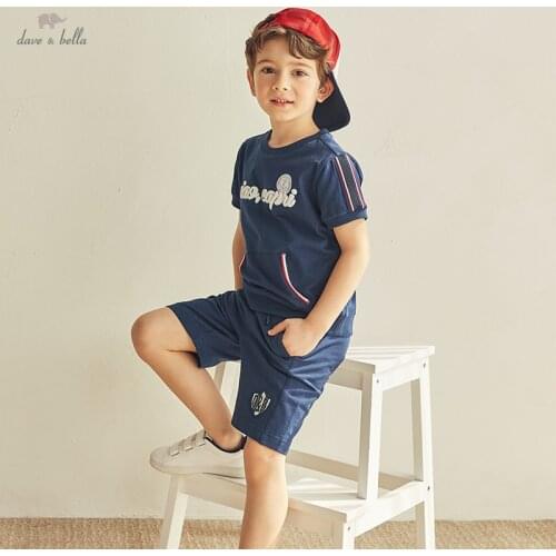 DKH17072 dave bella summer 5Y-13Y kids boys fashion cartoon letter patchwork T-shirt children boy high quality fashion tees
