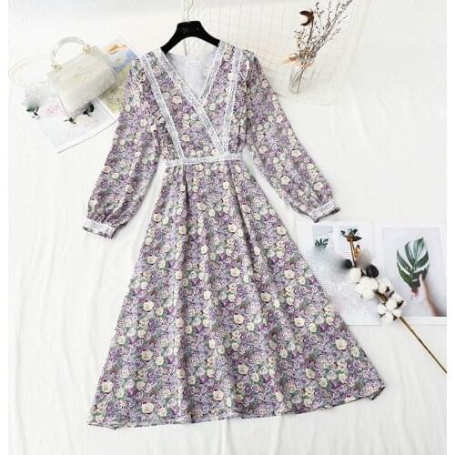 French v-neck pleated floral dress female 2021 new spring and autumn retro elastic waist inner chiffon dress