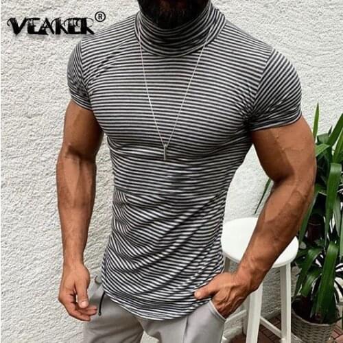 New Summer Striped T Shirt Men Fashion Short Sleeve Slim Fit Black White Male T-Shirt High Collar Pinstripe Tshirt Tee Homme Top