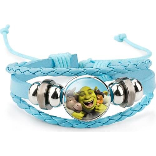 Cartoon Shrek Bracelet for Kids Children Anime Figure Poster Glass Gem Handmade Leather Bracelets Blue Black Bangles