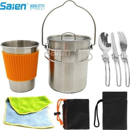 Stainless Camping Backpacking Cup Pot Cook Set with Vented Lid, Folding Handles,Great for Backpacking, Camping, Survival