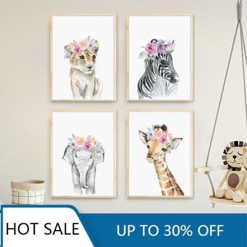 Flower Animal Wall Art Canvas Painting Posters Prints Lion Zebra Elephant Giraffe Nursery Wall Pictures Baby Kids Room Decor
