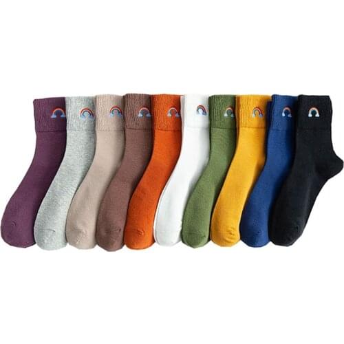 Embroidery Middle Tube Woman Socks Cotton Kawaii Rainbow Cartoon Long Socks Fashion Harajuku Korean Style Wearable Breathable