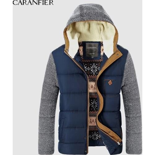 CARANFIER New Winter Jacket Men Casual Outwear Lamb Hooded Thicken Parkas Mens Fashion Patchwork Design Thick Warm Overcoat