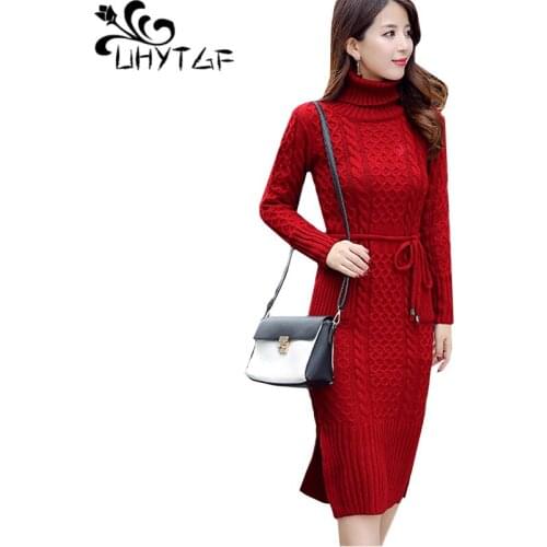 UHYTGF Plus size Sweater dress women knit turtleneck autumn winter dress solid color Lace-up slim warm elegant women dresses 366