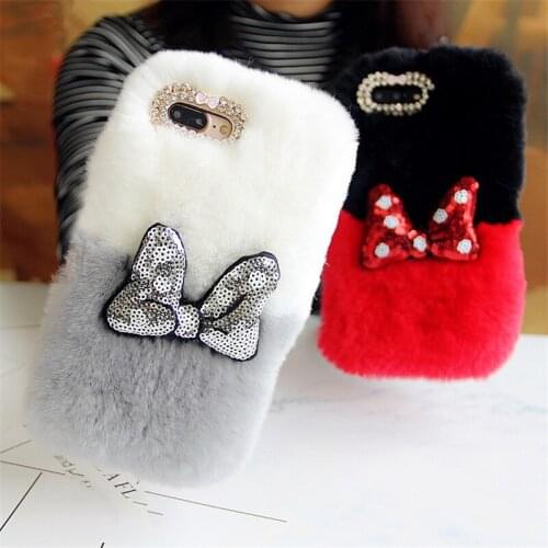 Bowknot Rabbit Fur Cases For Samsung Note 20 10 8 9 Capa Warm Rabbit hair Cover For Samsung S6 S7 S8 S9 S10 S20 PLUS Shell Case