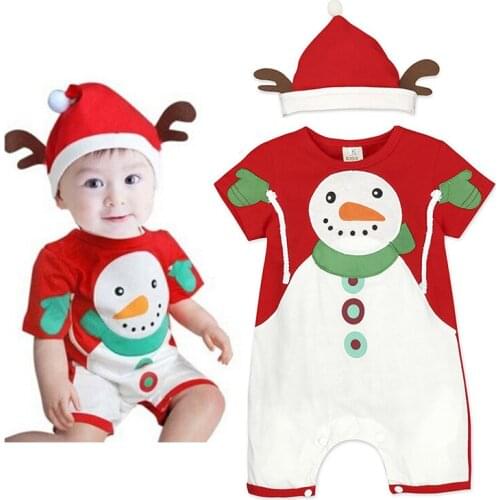 Christmas Romper + Hat Set Newborn Infant Baby Boy Girl Short Sleeve Snowman Cartoon Jumpsuit Romper Deer Hat Outfits