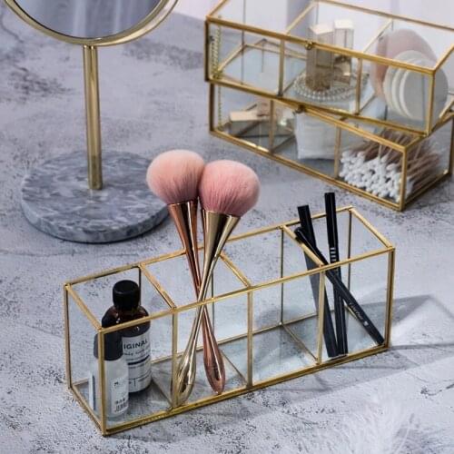 Nordic Cosmetics Storage Box Makeup Brushes Holder Box Glass Grid Classification Organizer Jewelry Case Space Saver Organizer