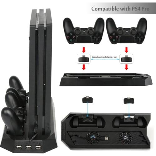 PS4 PRO Vertical Cooling Stand with Dual Controller Charging Station & 3 HUB Port for Sony PlayStation 4 PS4 PRO Console