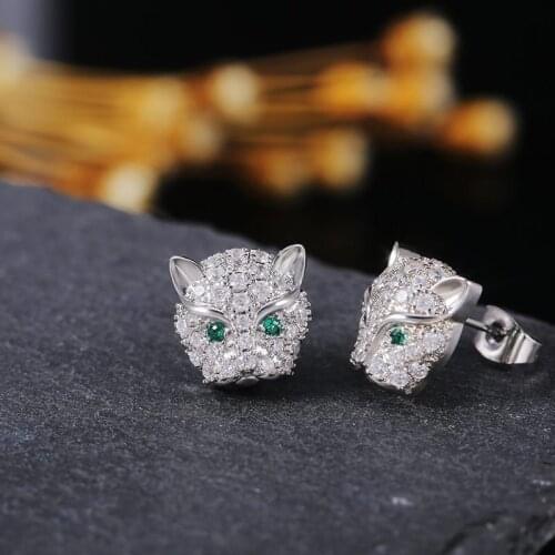 High quality Silver Colored Luxury Unique hand-made Zircon leopard-head earrings manWomen Hip-hop Jewelry