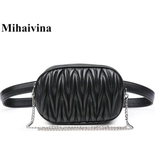 Mihaivina Fanny Pack For Women Waist Bag Pleated Round Belt Bag Luxury Brand Chain Shoulder Bags Female Leather Chest Pack Purse