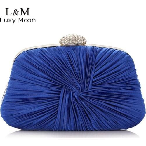 Women Pleated Evening Hand Bag Blue Crystal Dressed Clutch Bags Wedding Party Chain Purse Small Handbag Mini Day Clutches XA834H