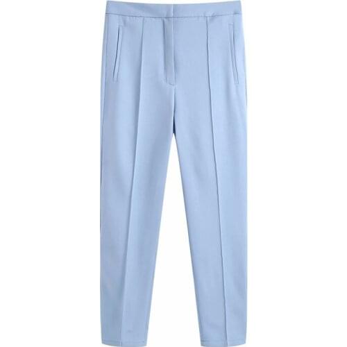 Evfer Women 2021 Za 5 Colors Straight Casual Long Pants Office Lady Fashion High Waist Zipper Pockets Blue Suit Trousers Chic