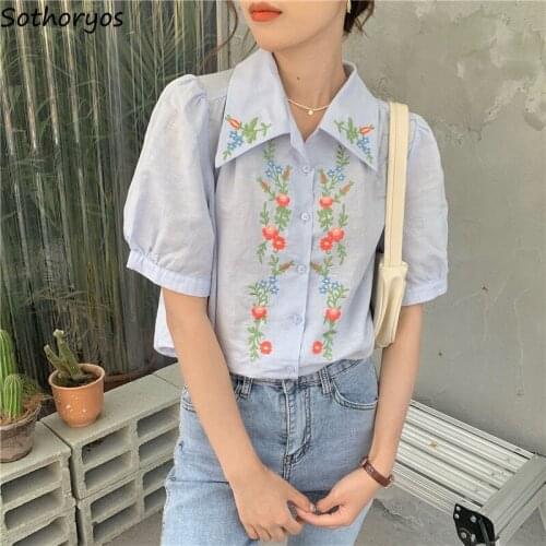 Women Shirts Flower Embroidery Sweet Stylish Teens Retro Puff Sleeve All-match Korean Style Elegant Tender Blouses Temperament
