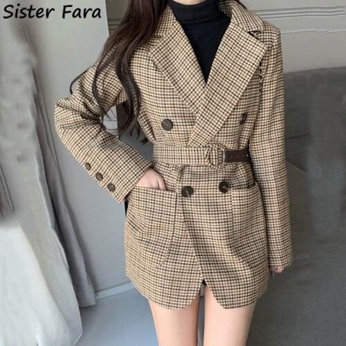 Sister Fara Winter Thick Warm Ladies Long Casual Blazers Jacket Women Elegant Plaid Sashes Blazers Autumn Full Sleeve Blazer New
