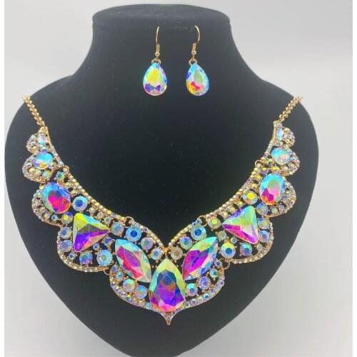 Temperament Female Crystal Jewelry Set Charm 4 Colors Wedding Drop Earrings For Women Luxury Bridal Flower Chain Necklace