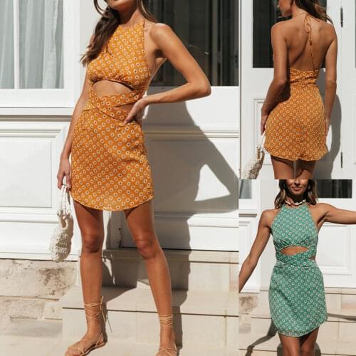 Womens Halter Mini Dress, Sleeveless Backless Floral Print Cut Out Cross Wrap Dress 2021 New Fashion