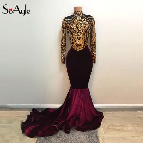 SoAyle Luxurious Mermaid Prom Dresses Sleeves Dubai Sequined Velour Gold Wine Dresses 2018 vestido de noiva Longo abiye H
