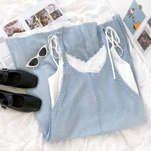 Milk Blue Bandage Dress Knitted Dress Gentle Lace V-neck Patchwork Slim Straight Strap Suspender Dress woman suit