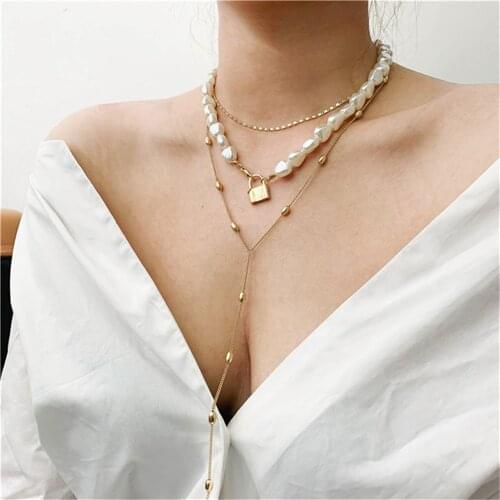 New Vintage Gold Faux Necklace For Women Female Collar 2021 Fashion Multilevel Geometric Pearl Chain Lock Pendant Jewelry Gift