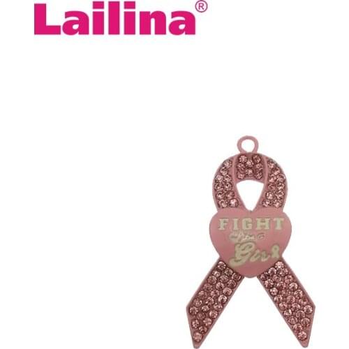 50pcs/lot Pink Crystal Breast Cancer Awareness Ribbon Pendant with Fight