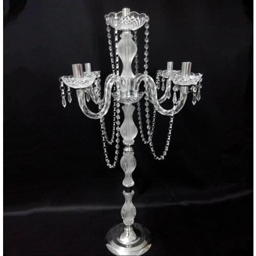 90cm (H) Acrylic 5-arms metal candelabras with crystal pendants wedding candle holder table centerpiece