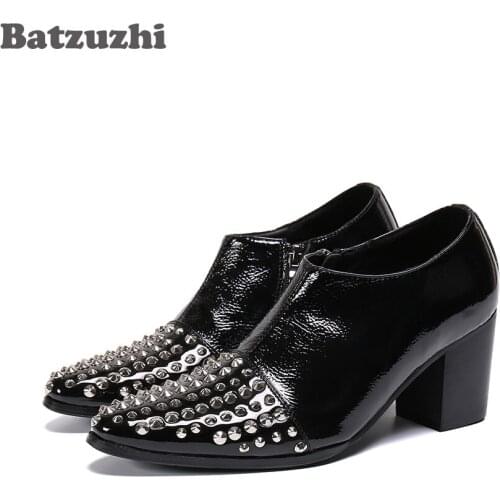Batzuzhi 7CM HIGH HEEL Mens Shoes Pointed Toe Rivets Black Genuine Leather Ankle Boots Zip Vintage Botas Hombre, Big Sizes EU46