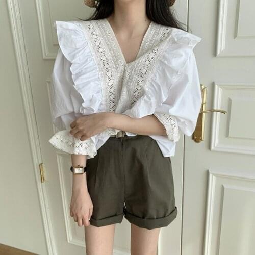 Elegant Women Ruffles Blouse Ladies Three Quarter Sleeve V-neck Chiffon Tops Korean Spring Summer Vintage Fashion Clothes