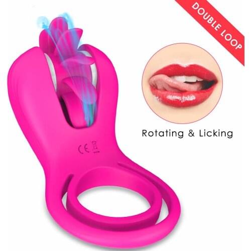 Penis Ring With Double Loop Licking 10 Rotation Speeds Waterproof Medical Silicone Rechargeable Couples Adult Sex Toys For Man