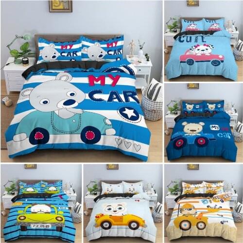 3D Cartoon Bear And Car Bedding Set Soft Cozy Duvet Cover For Kids Bedroom Decor King Queen Twin Baby Size Home Textile