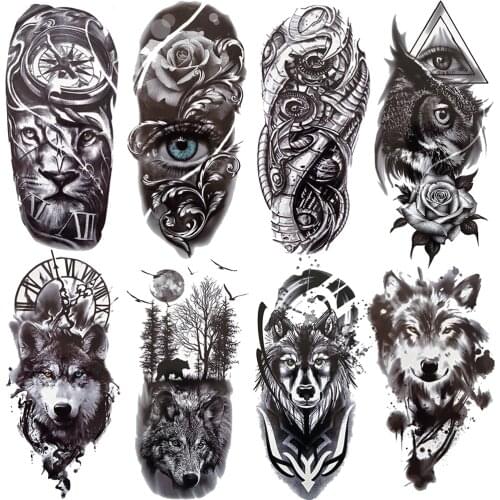 Creative Black Tiger Temporary Tattoo For Men Women Large Forest Wolf Tattoos Robotic Arm Owl Water Transfer Fake Tatoo Abdomen