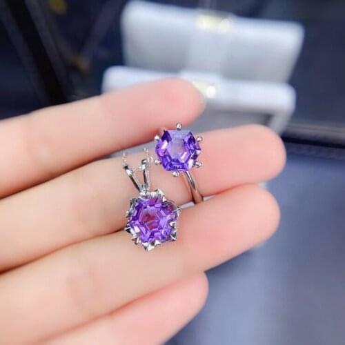Natural amethyst Ring Pendant Natural purple crystal Jewelry Set 925 Silver Lovely universe square Women party gift jewelry