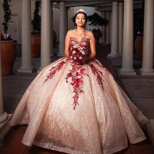 Sweetheart Champagne Quinceanera Dresses Sequin Lace Princess Girl Sweet 16 Ball Gown Vestidos De Fiesta Sparkles Debutante Gown