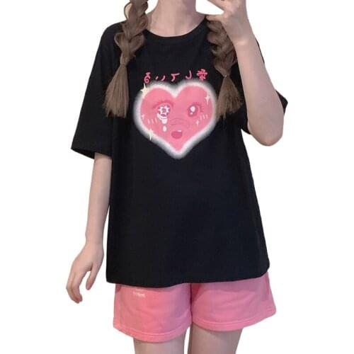 Harajuku Kawaii Anime Short Sleeve T-shirts Girls Funny Cartoon Print Vintage T Shirt Women Top Japanese Black Cute Graphic Tees