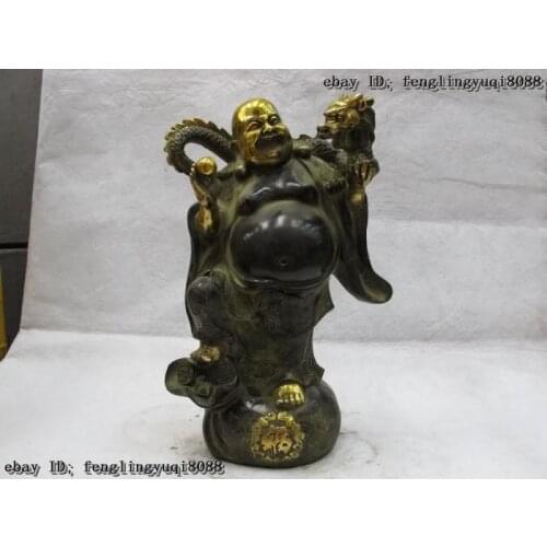 Folk Classic Bronze Copper Gilt happy Maitreya Buddha Play bliss Dragon Statue