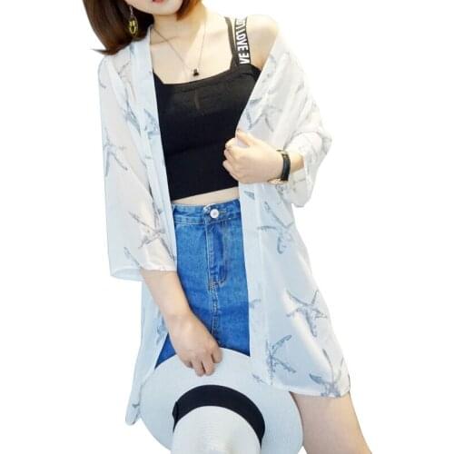 Summer Sun Protection Women Long Blouses Casual Super Thin Chiffon Cardigan Three Quarter Sleeve Loose Flower Print Blouse Tops