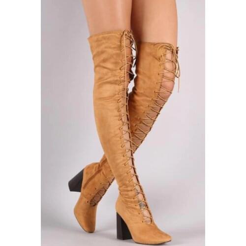 Summer Women Boots Cross-tied Sexy Pointed Toe Square High Heel Over-the-knee Fashion Solid High Heel Women Boots Shoes