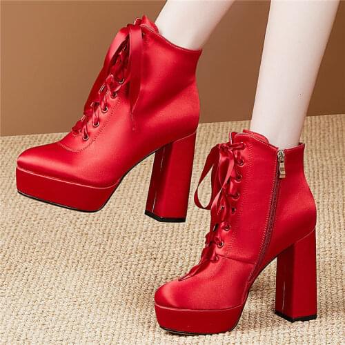 Sexy Party Pumps Womens Satin Ankle Boots Round Toe Block High Heels Elegant Shoes Wedding Punk Goth Boot 33 34 44 45