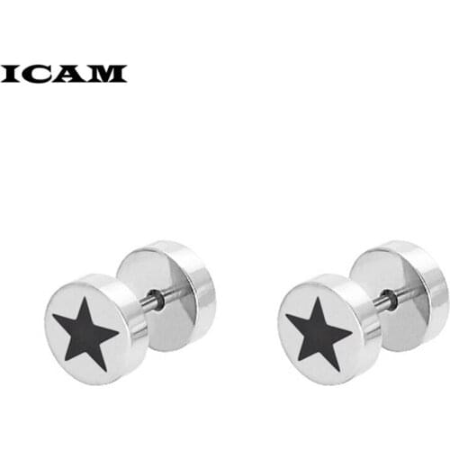 ICAM Titanium steel dumbbell style stud earrings black steel color wheel earrings men women trendy hip hop punk style earrings