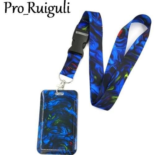 Blue Watercolor Marble Pattern Lanyard Credit Card ID Holder Bag Student Women Travel Card Cover Badge Car Keychain Decorations