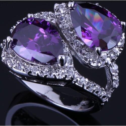 Fabulous Pear Purple Cubic Zirconia White CZ Silver Plated Ring V0471