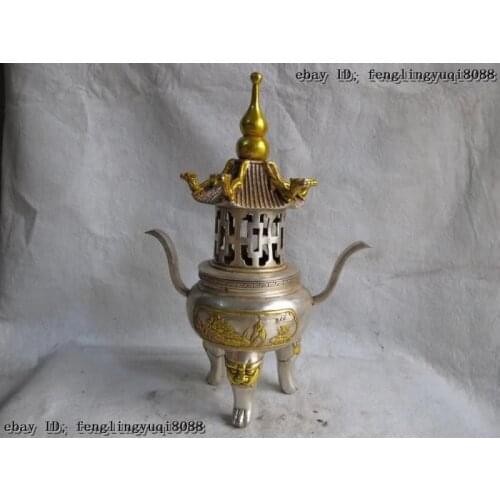 Tibet White Copper Bronze Silver Gilt gloriette pavilion incense burner Censer