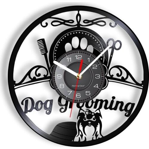Dog Grooming Vinyl Wall Clock For Vet Beauty Shop Puppy Stylin Care Pet Spa Record Clock Doggie Dash Stylist Vintage Timepieces