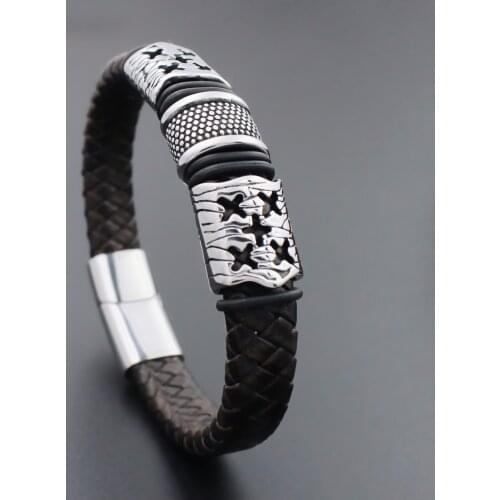 12MM Wide Braided Vintage Genuine Leather Bracelet 316L Stainless steel Hollow Bead Bracelets with Magnet Clasp For Men