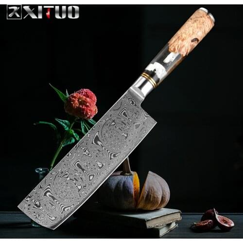 XITUO Nakiri Knife 7 Inch 67 layers Japanese Damascus Steel Kitchen Knife 60HRC Chef Knives Vegetable knife Resin Handle