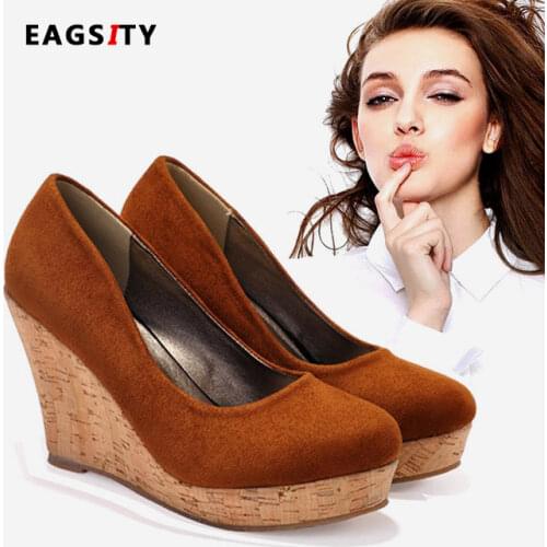 EAGSITY Pumps women wedges shoes platform round toe slip on shallow beach wedding casual ladies dress party shoes 10cm height