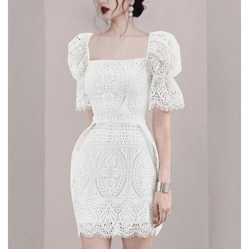 2020 Summer Women Celebrity Evening White Lace Party Dress Vestidos elegant Square Collar Puff Sleeve Bodycon slim Mini Dresses