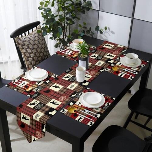 Animal Fox Bear Elk Tree Buffalo Red Plaid Table Runner Set for Home Kitchen Dining Table Wedding Party Holiday Decoration