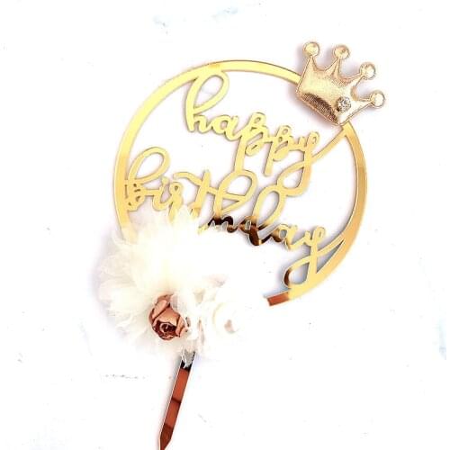 1pc Bow Crown Pearl Unicorn Flower Acrylic Cake Insert Card DIY Party Decoration Glitter Golden Star Happy Birthday Cake Topper